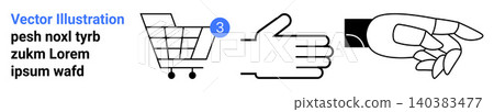 Online shopping, approval, notifications, feedback, interaction, hand gestures. Includes a shopping cart with notification, thumbs-up gesture pointing hand symbol. Online shopping and approval Online shopping, approval, notifications, feedback, interaction, hand gestures. Includes a shopping cart with notification, thumbs-up gesture pointing hand symbol. Online shopping and approval 140383477