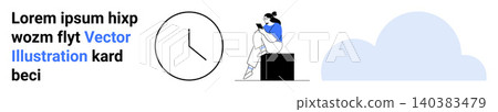 Time management, productivity, digital content, online education, lifestyle balance, relaxation. Woman seated reading, a clock and a cloud. Time management and productivity concepts 140383479