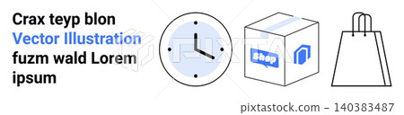 E-commerce, logistics, time tracking, retail, delivery services, shipping concept. Clock, shopping bag and package with shop label . E-commerce and logistics ideas E-commerce, logistics, time tracking, retail, delivery services, shipping concept. Clock, shopping bag and package with shop label . E-commerce and logistics ideas 140383487