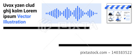 Audio technology, e-commerce, podcasting, sound design, digital marketplaces, online services. Abstract soundwave next to a digital storefront. Audio technology and e-commerce concept Audio technology, e-commerce, podcasting, sound design, digital marketplaces, online services. Abstract soundwave next to a digital storefront. Audio technology and e-commerce concept 140383522