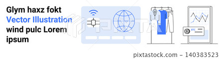 Online business, ecommerce, data visualization, internet security, retail inventory, technology. Digital icons including a credit card, clothing rack and analytics screen. Online business Online business, ecommerce, data visualization, internet security, retail inventory, technology. Digital icons including a credit card, clothing rack and analytics screen. Online business 140383523