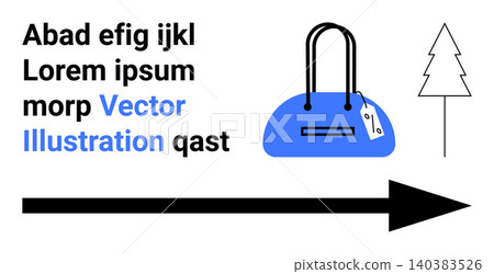 Shopping, direction, travel, advertising, branding, organization. A blue purse with a tag, a tree icon an arrow and text elements. Shopping and direction concept Shopping, direction, travel, advertising, branding, organization. A blue purse with a tag, a tree icon an arrow and text elements. Shopping and direction concept 140383526