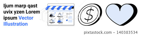 E-commerce, online transactions, digital markets, financial symbols, business operations, customer support. Digital storefront, dollar symbol and heart shape. E-commerce and online transactions E-commerce, online transactions, digital markets, financial symbols, business operations, customer support. Digital storefront, dollar symbol and heart shape. E-commerce and online transactions 140383534