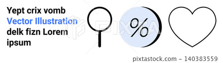 Marketing, analytics, eCommerce, discounts, search tools, customer loyalty. Icons include magnifying glass, percentage sign and heart shape. Discounts and search tools concept Marketing, analytics, eCommerce, discounts, search tools, customer loyalty. Icons include magnifying glass, percentage sign and heart shape. Discounts and search tools concept 140383559