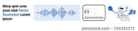 Artificial intelligence, sound recognition, data interfaces, digital assistance, future technology, robotics. Blue soundwave, interface layout robot handling tasks. AI and sound recognition concepts 140383572