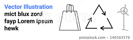 Sustainability, recycling, eco-friendly design, renewable energy, green lifestyle, waste reduction. Minimalist icons of a shopping bag, recycling symbol and wind turbine. Recycling and eco-friendly Sustainability, recycling, eco-friendly design, renewable energy, green lifestyle, waste reduction. Minimalist icons of a shopping bag, recycling symbol and wind turbine. Recycling and eco-friendly 140383578