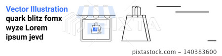 E-commerce, retail, online purchases, digital shopping, consumer behavior, business marketing. A storefront with awning, a shopping bag and minimalist design. E-commerce and retail concept E-commerce, retail, online purchases, digital shopping, consumer behavior, business marketing. A storefront with awning, a shopping bag and minimalist design. E-commerce and retail concept 140383600