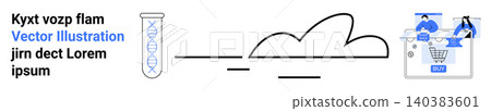 Biotechnology, cloud storage, scientific research, e-commerce, innovation, technology development. DNA sequence in a test tube, cloud icon e-commerce setup. Biotechnology and cloud storage concept 140383601