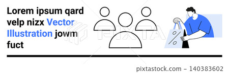 Ecommerce, online shopping, discount promotions, user group targeting, marketing, digital advertising. Group of three user icons and a shopper holding a bag with a percentage sign. Ecommerce Ecommerce, online shopping, discount promotions, user group targeting, marketing, digital advertising. Group of three user icons and a shopper holding a bag with a percentage sign. Ecommerce 140383602