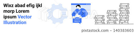 Financial management, cashback services, e-commerce, fintech solutions, savings tools, online transactions. Person holding cashback card, gear stacks of coins. Cashback services and financial Financial management, cashback services, e-commerce, fintech solutions, savings tools, online transactions. Person holding cashback card, gear stacks of coins. Cashback services and financial 140383603