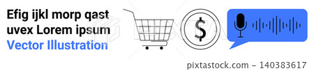 E-commerce, online shopping, digital payment, voice recognition, financial transactions, audio commands. Shopping cart, dollar icon speech bubble with soundwave. E-commerce and voice recognition E-commerce, online shopping, digital payment, voice recognition, financial transactions, audio commands. Shopping cart, dollar icon speech bubble with soundwave. E-commerce and voice recognition 140383617
