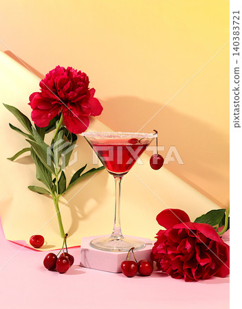 Modern still life with a summer alcoholic cocktail and peony flowers against a sunny background. Cherry martini on the rocks for a party. Minimalistic concept for a bar or cafe. Advertising banner Modern still life with a summer alcoholic cocktail and peony flowers against a sunny background. Cherry martini on the rocks for a party. Minimalistic concept for a bar or cafe. Advertising banner 140383721