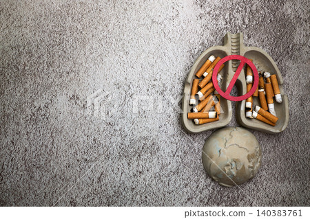Stop smoking concept with lung ashtray and globe 140383761