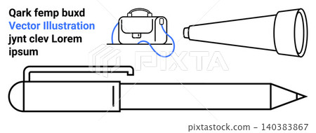 Education, travel, exploration, office supplies, organization, hobbies. Black and white line drawing of a pen, telescope and bag. Education and travel through visual objects Education, travel, exploration, office supplies, organization, hobbies. Black and white line drawing of a pen, telescope and bag. Education and travel through visual objects 140383867