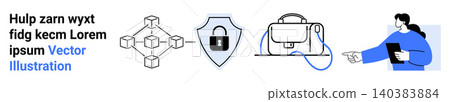 Blockchain systems, virtual reality, cybersecurity, education technology, secure data, encryption. Blockchain diagram, shield with padlock VR headset person holding a tablet. Cybersecurity Blockchain systems, virtual reality, cybersecurity, education technology, secure data, encryption. Blockchain diagram, shield with padlock VR headset person holding a tablet. Cybersecurity 140383884