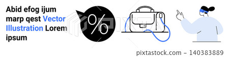 Finance, technology, retail, education, creativity, digital experience. A percent symbol, a bag and a person wearing a VR headset. Finance and technology concepts highlighted Finance, technology, retail, education, creativity, digital experience. A percent symbol, a bag and a person wearing a VR headset. Finance and technology concepts highlighted 140383889