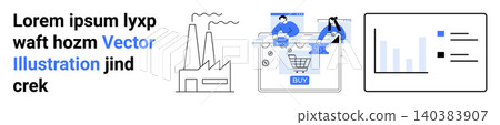 Industry processes, online shopping, digital analytics, technology, data trends, and modern workflow concepts. Factory, digital shopping interface and bar graph analytics display. E-commerce Industry processes, online shopping, digital analytics, technology, data trends, and modern workflow concepts. Factory, digital shopping interface and bar graph analytics display. E-commerce 140383907
