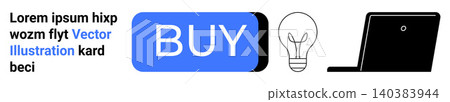 E-commerce, technology, business ideas, innovation, online shopping, digital interface. Blue buy button, light bulb and laptop. E-commerce and technology concept for modern applications 140383944