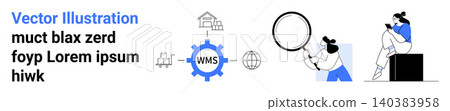 Logistics, technology, warehouse management, supply chain, research, data visualization. Gear with WMS and logistics icons, person with magnifying glass seated figure. Logistics and technology Logistics, technology, warehouse management, supply chain, research, data visualization. Gear with WMS and logistics icons, person with magnifying glass seated figure. Logistics and technology 140383958