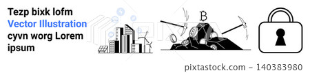 Cryptocurrency, blockchain, cybersecurity, financial transactions, mining, innovation. City buildings, coins pickaxes and padlock. Cryptocurrency and blockchain security Cryptocurrency, blockchain, cybersecurity, financial transactions, mining, innovation. City buildings, coins pickaxes and padlock. Cryptocurrency and blockchain security 140383980