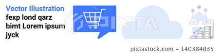 E-commerce, cloud storage, data analytics, technology, online shopping, digital integration. Shopping cart in a speech bubble, cloud shape icons of data analytics. E-commerce and cloud storage E-commerce, cloud storage, data analytics, technology, online shopping, digital integration. Shopping cart in a speech bubble, cloud shape icons of data analytics. E-commerce and cloud storage 140384035