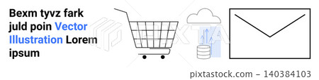 Online shopping, cloud storage, email communication, digital services, e-commerce, technology. Features a shopping cart, cloud with an upload arrow and an envelope symbol. Online shopping and cloud Online shopping, cloud storage, email communication, digital services, e-commerce, technology. Features a shopping cart, cloud with an upload arrow and an envelope symbol. Online shopping and cloud 140384103