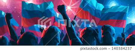 Russia football banner. Russia national soccer or football background, wallpaper, background, poster. Fans of the national team. 140384237