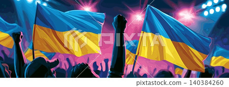 Ukraine football banner. Ukraine national soccer or football background, wallpaper, background, poster. Fans of the national team. 140384260