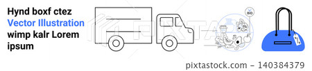 Logistics, delivery process, shipping, package tracking, e-commerce, barcode identification. Graphic showing a truck, packages in transit and a bag with a barcode tag. Logistics and delivery process Logistics, delivery process, shipping, package tracking, e-commerce, barcode identification. Graphic showing a truck, packages in transit and a bag with a barcode tag. Logistics and delivery process 140384379