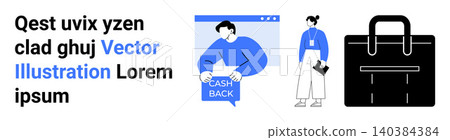Financial transactions, cashback rewards, business tools, ecommerce, professional life, digital marketing. Man pointing to cashback text, a briefcase and a professional character. Financial Financial transactions, cashback rewards, business tools, ecommerce, professional life, digital marketing. Man pointing to cashback text, a briefcase and a professional character. Financial 140384384