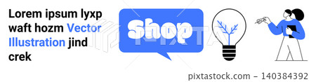E-commerce, creativity, business branding, advertising, digital services, design inspiration. Blue speech bubble with the word Shop, light bulb icon a person holding a clipboard. E-commerce E-commerce, creativity, business branding, advertising, digital services, design inspiration. Blue speech bubble with the word Shop, light bulb icon a person holding a clipboard. E-commerce 140384392
