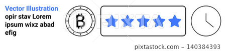 Cryptocurrency, customer satisfaction, time management, digital finance, online reviews, blockchain economy. Bitcoin symbol, five-star ratings bar and clock icon. Cryptocurrency and customer Cryptocurrency, customer satisfaction, time management, digital finance, online reviews, blockchain economy. Bitcoin symbol, five-star ratings bar and clock icon. Cryptocurrency and customer 140384393