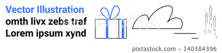 Celebration, digital growth, e-commerce, progress, cloud services, delivery. Blue gift box, cloud and arrows rising upwards. Celebration and digital growth concept Celebration, digital growth, e-commerce, progress, cloud services, delivery. Blue gift box, cloud and arrows rising upwards. Celebration and digital growth concept 140384396