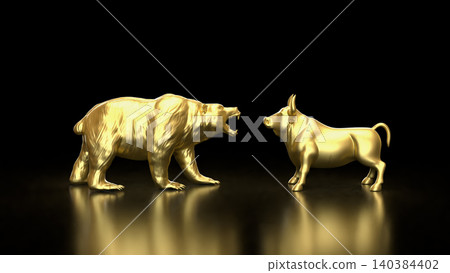Golden Bear And Bull Market Showdown In Darkness 3d Render. Golden Bear And Bull Market Showdown In Darkness 3d Render. 140384402