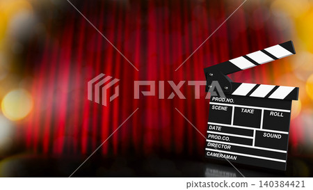 Cinematic Clapperboard On Red Curtain Background 3d render. Cinematic Clapperboard On Red Curtain Background 3d render. 140384421