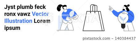 E-commerce, creativity, innovation, branding, commerce, and design. Stylized characters holding objects with shopping and light bulb icons. E-commerce and creativity concepts illustrated 140384437