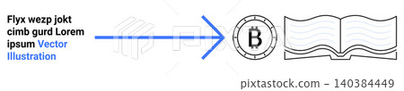 Cryptocurrency, blockchain education, knowledge sharing, digital economy, financial technology, data. Blue arrow connecting Bitcoin symbol and book. Cryptocurrency and blockchain education concept Cryptocurrency, blockchain education, knowledge sharing, digital economy, financial technology, data. Blue arrow connecting Bitcoin symbol and book. Cryptocurrency and blockchain education concept 140384449