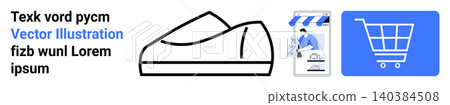 E-commerce, online shopping, retail business, product promotion, digital commerce, brand identity. Shoe outline, storefront cart icon. E-commerce and retail business concept E-commerce, online shopping, retail business, product promotion, digital commerce, brand identity. Shoe outline, storefront cart icon. E-commerce and retail business concept 140384508