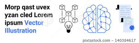 Blockchain development, AI innovation, digital security, data analysis, creative ideas, verification systems. Icons showing blockchain nodes, lightbulb, neural network and verified document Blockchain development, AI innovation, digital security, data analysis, creative ideas, verification systems. Icons showing blockchain nodes, lightbulb, neural network and verified document 140384617