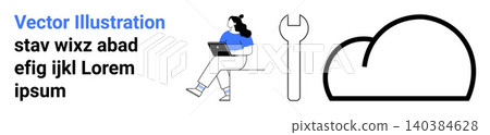 Cloud computing, digital collaboration, remote work, technology tools, online storage, innovation. A person with a laptop, a wrench and a cloud icon. Cloud computing and digital collaboration Cloud computing, digital collaboration, remote work, technology tools, online storage, innovation. A person with a laptop, a wrench and a cloud icon. Cloud computing and digital collaboration 140384628