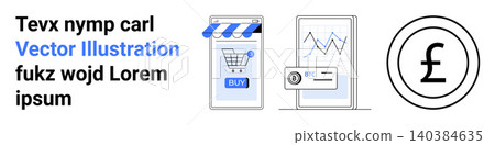 Online shopping, payment solutions, financial growth, e-commerce platforms, currency exchange, digital marketing. Mobile cart, graph on tablet currency icon. Online shopping and payment solutions Online shopping, payment solutions, financial growth, e-commerce platforms, currency exchange, digital marketing. Mobile cart, graph on tablet currency icon. Online shopping and payment solutions 140384635