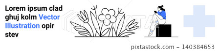 Wellness, mindfulness, book reading, healthcare, botanical aesthetics, positive living. Central flower with leaves, seated figure reading and cross symbol. Mindfulness and wellness concepts 140384653