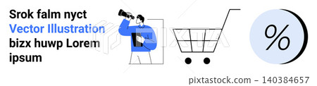 Marketing, e-commerce, shopping, discount offers, consumer behavior, business strategy. Person with telescope, shopping cart and discount icon. Marketing and e-commerce captured Marketing, e-commerce, shopping, discount offers, consumer behavior, business strategy. Person with telescope, shopping cart and discount icon. Marketing and e-commerce captured 140384657