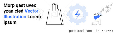 E-commerce, innovation, branding, shopping, creative work, automation concept. Shopping bag, gear with lightning and person sketching ideas. E-commerce and innovation E-commerce, innovation, branding, shopping, creative work, automation concept. Shopping bag, gear with lightning and person sketching ideas. E-commerce and innovation 140384663