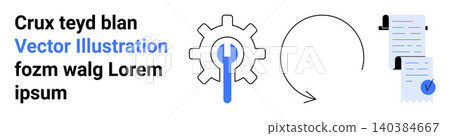 Workflow automation, productivity, document management, business processes, data exchange, tools optimization. Gear icon with document and arrow process flow. Workflow automation and productivity Workflow automation, productivity, document management, business processes, data exchange, tools optimization. Gear icon with document and arrow process flow. Workflow automation and productivity 140384667
