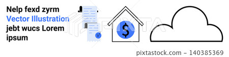 Financial management, cloud services, data security, home loans, digital storage, banking. Stack of documents, house with dollar icon cloud symbol. Financial management and cloud services concept Financial management, cloud services, data security, home loans, digital storage, banking. Stack of documents, house with dollar icon cloud symbol. Financial management and cloud services concept 140385369