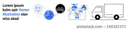 Customer reviews, e-commerce, logistics, delivery services, purchase process, business solutions. happy faces, shopping cart and truck . E-commerce and customer reviews concepts Customer reviews, e-commerce, logistics, delivery services, purchase process, business solutions. happy faces, shopping cart and truck . E-commerce and customer reviews concepts 140385371