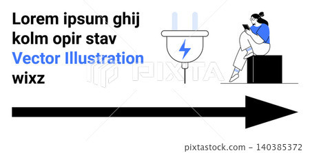 Technology use, electricity concepts, modern lifestyle, digital reading, power connections, minimalism. A woman sits reading a smartphone near a plug with a power symbol and an arrow below Technology use, electricity concepts, modern lifestyle, digital reading, power connections, minimalism. A woman sits reading a smartphone near a plug with a power symbol and an arrow below 140385372