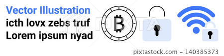 Cryptocurrency, cybersecurity, wireless networks, digital finance, blockchain technology, online privacy. Bitcoin logo with lock and wireless icons. Cryptocurrency and cybersecurity concept Cryptocurrency, cybersecurity, wireless networks, digital finance, blockchain technology, online privacy. Bitcoin logo with lock and wireless icons. Cryptocurrency and cybersecurity concept 140385373