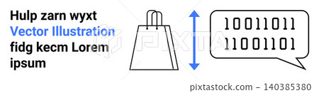 Online shopping, digital marketing, technology communication, e-commerce data, retail analytics, binary language. A shopping bag next to a speech bubble with binary code. E-commerce and digital 140385380
